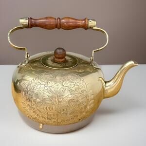 Vintage Brass Teapot Small Etched Floral Designs Made in India 1960s Marked